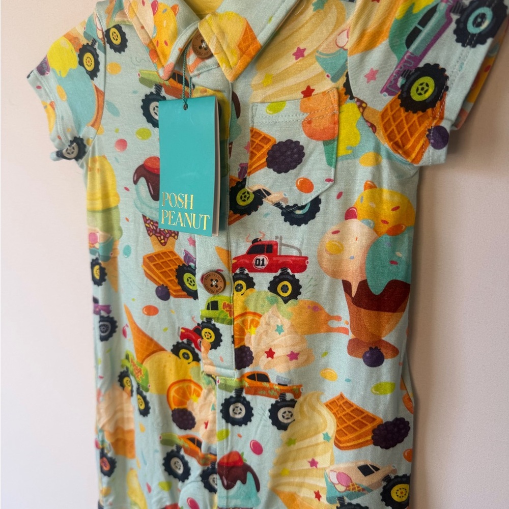 Posh Peanut Pastel Blue Monster Truck Ice Cream Henley Romper - Picture 4 of 9